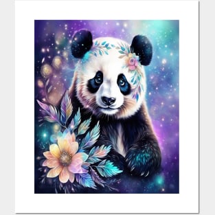 Fantasy, Watercolor, Panda Bear With Flowers and Butterflies Posters and Art